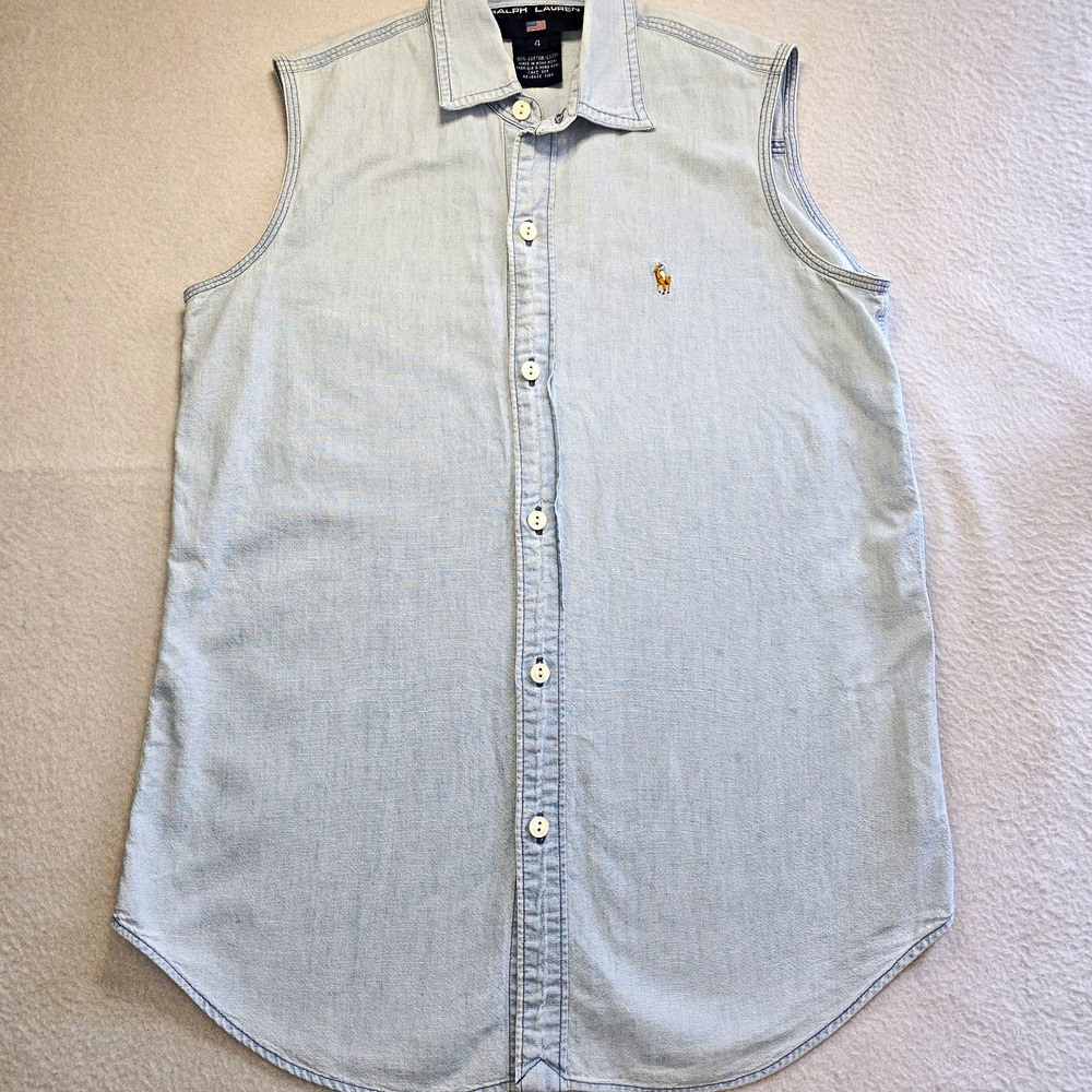VTG 90s Polo Sport Ralph Lauren Denim Chambray Sleeveless Button Up Shirt Top 4.